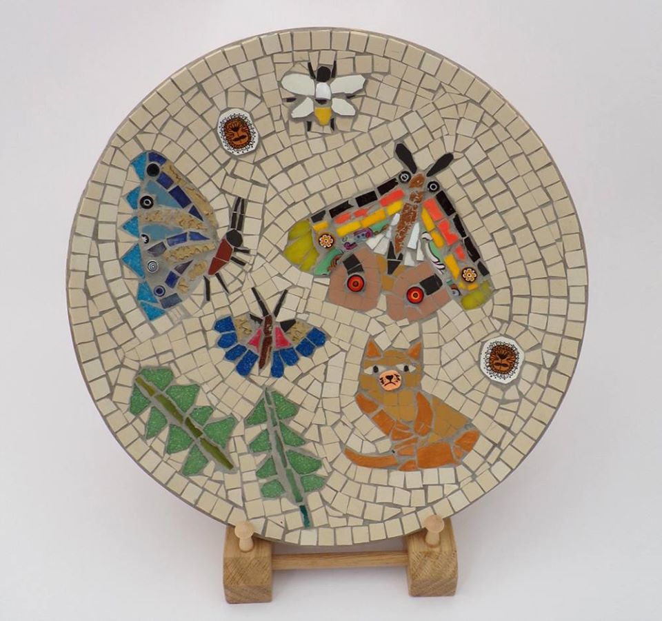 Cat and Butterfly Mosaic Bowl