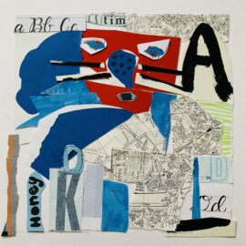 Blue and red collage dog map and letters