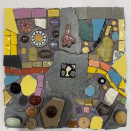 small mixed media mosaic with slate and glass