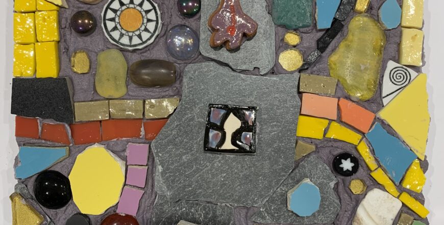 small mixed media mosaic with slate and glass