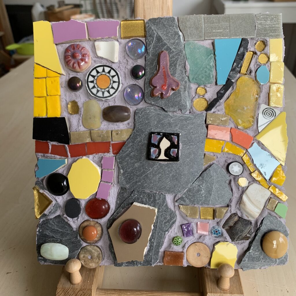 small mixed media mosaic with slate and glass